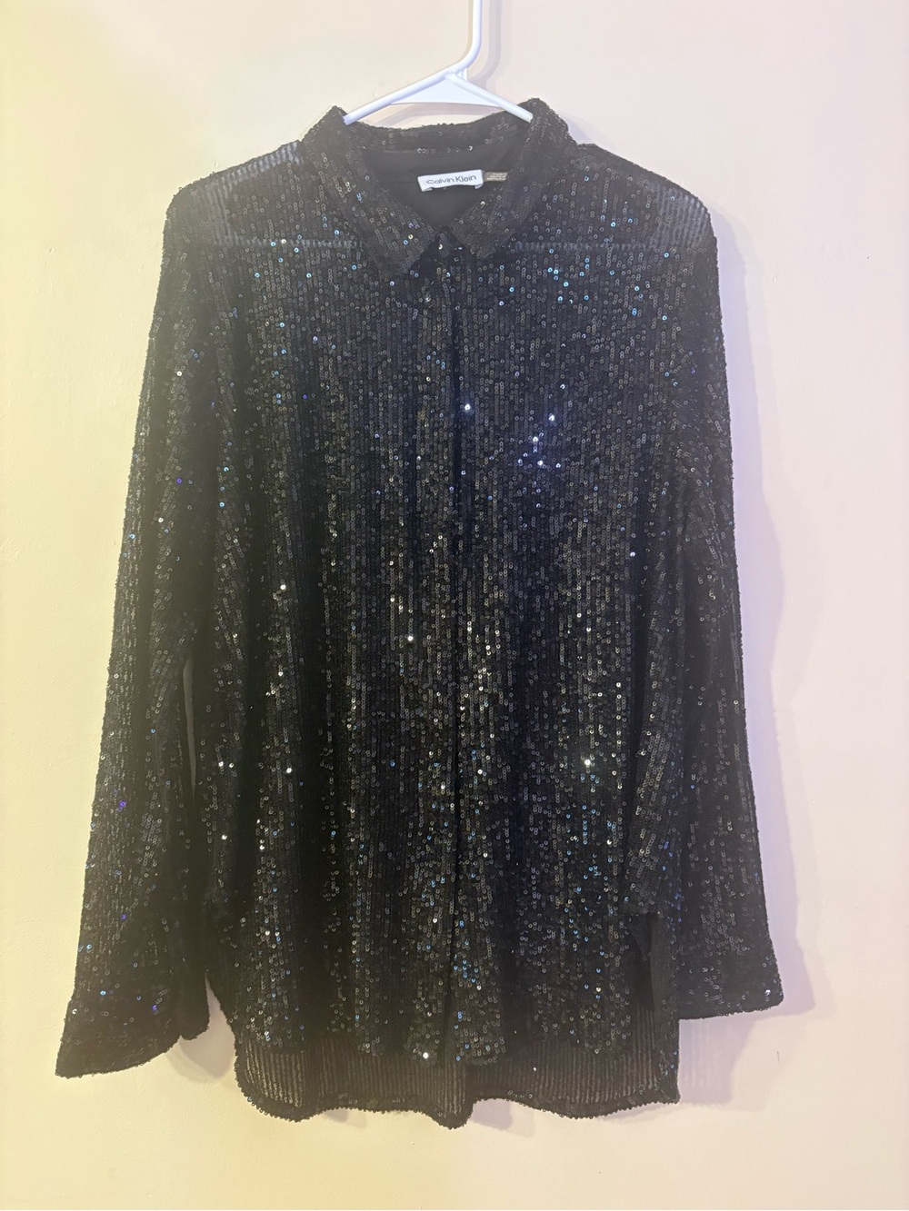Calvin Klein Black Sequin Collared Button-Down Top XL